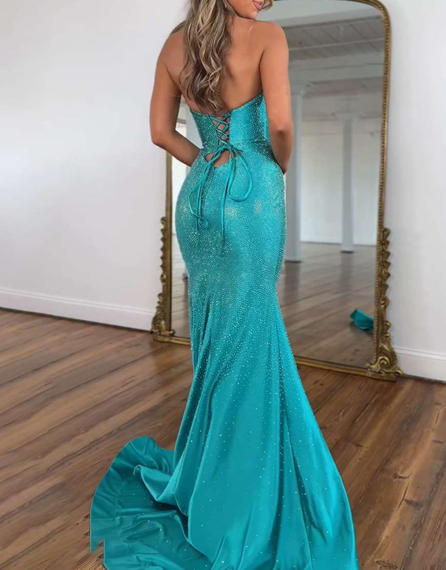 Sparkly Peacock Green Mermaid Keyhole Long Beaded Prom Dress with Slit