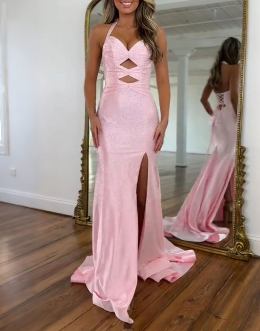 Sparkly Peacock Green Mermaid Keyhole Long Beaded Prom Dress with Slit