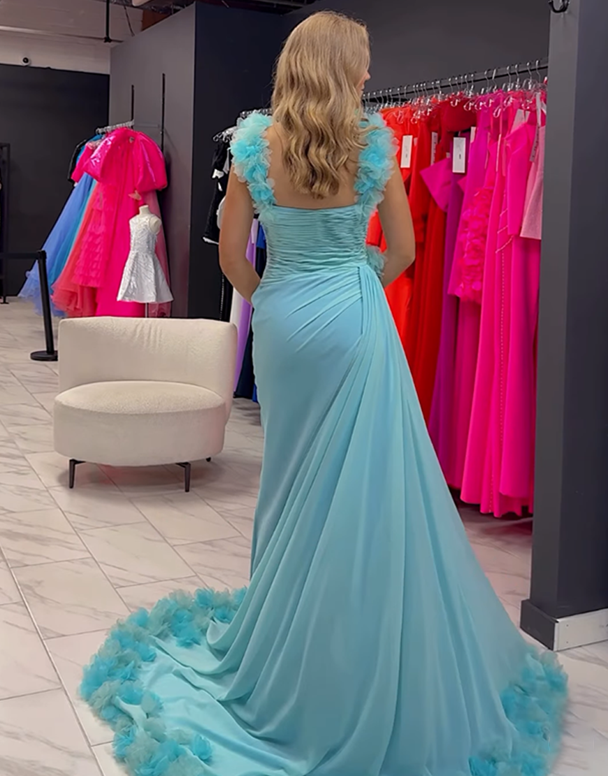 Pink Ruffled V-Neck Mermaid Long Prom Dress with Side Cape