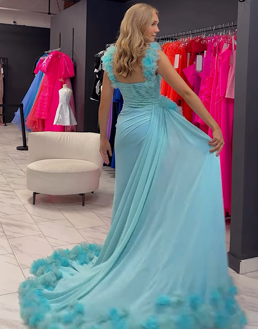 Pink Ruffled V-Neck Mermaid Long Prom Dress with Side Cape