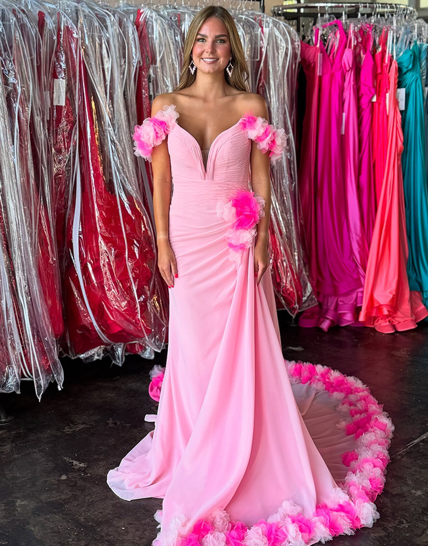Pink Ruffled V-Neck Mermaid Long Prom Dress with Side Cape