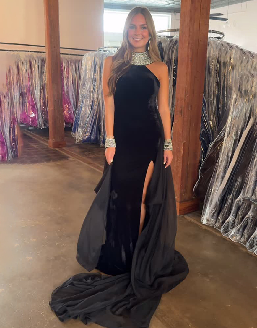 Berlinnova Women Sparkly Beaded Black Velvet Long Prom Dress with Cape Mermaid High Neck Pageant Dress with Slit