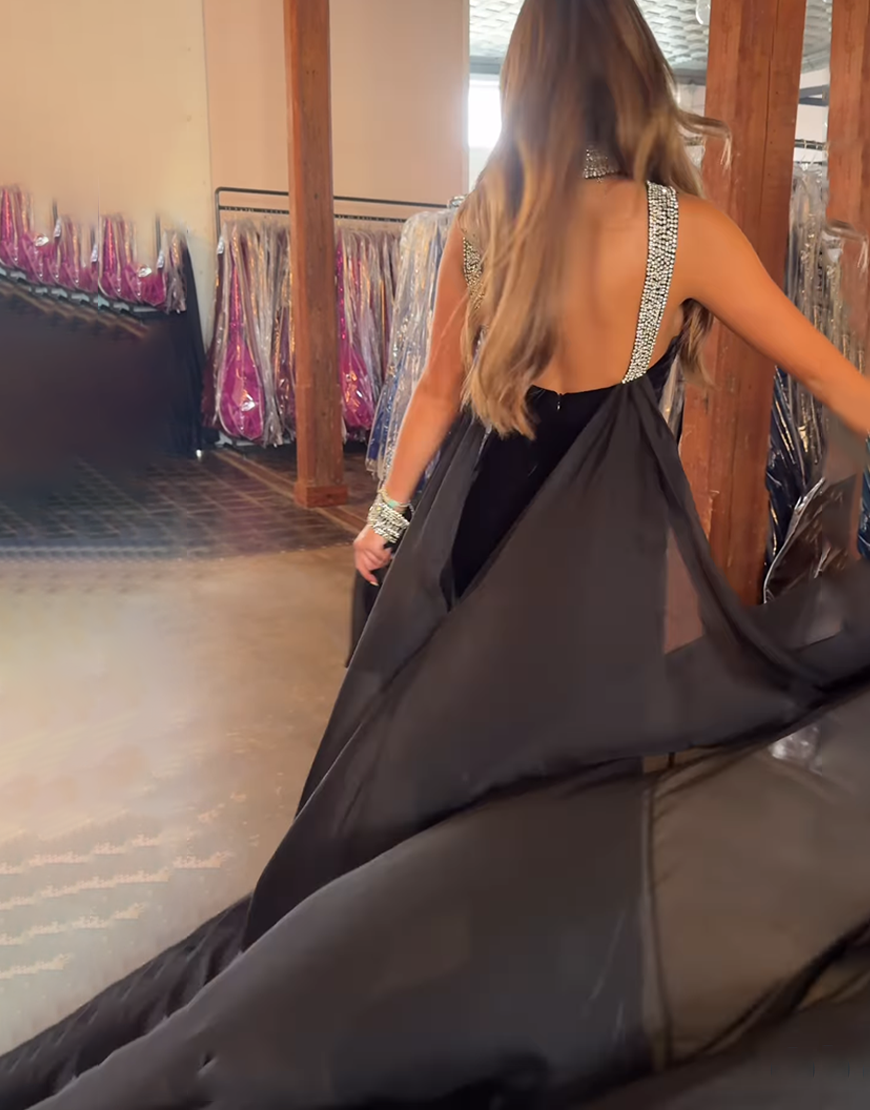 Sparkly Mermaid Beaded Black Velvet Long Prom Dress with Cape