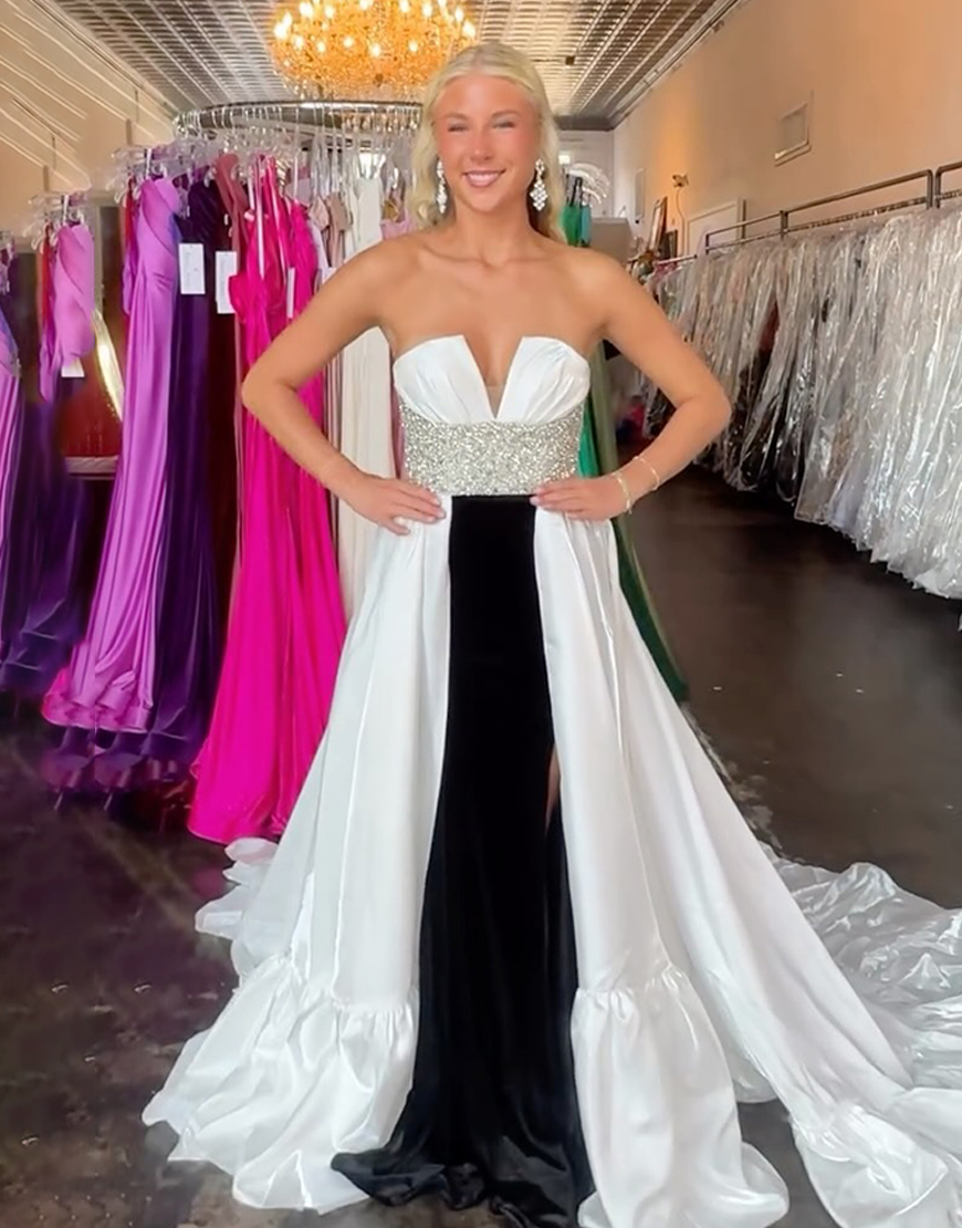 Sparkly A Line Black and White V-Neck Long Prom Dress