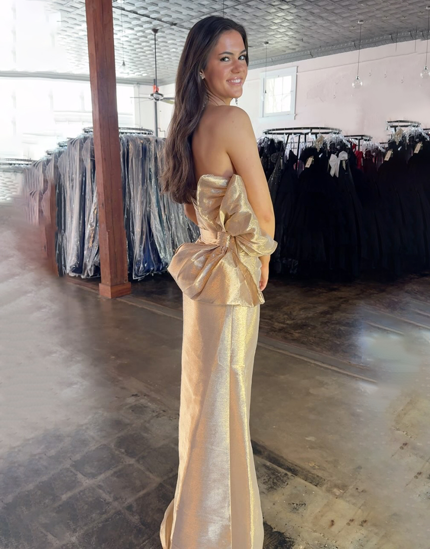 Gold Mermaid Long Ruched Prom Dress with Bow