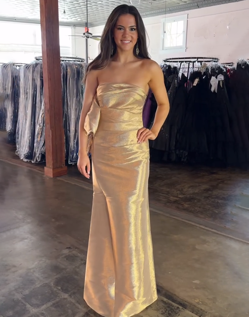 Gold Mermaid Long Ruched Prom Dress with Bow
