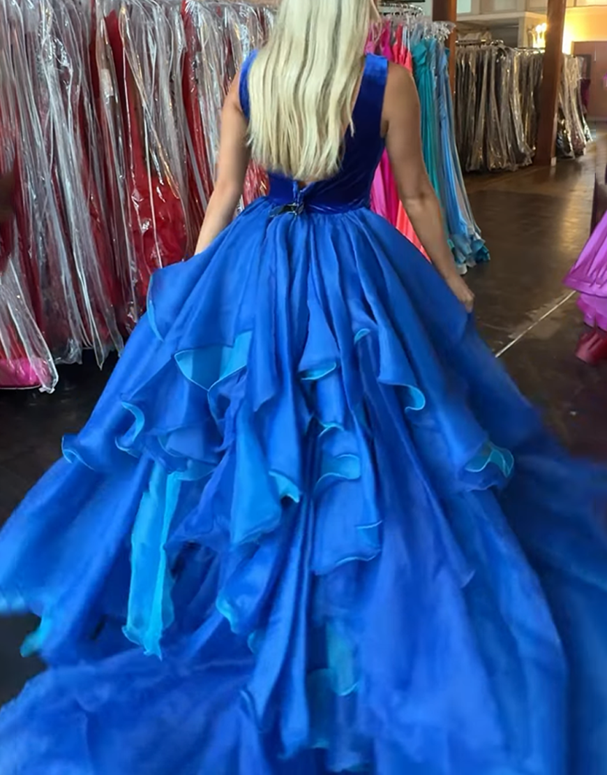 Royal Blue Mermaid V-Neck Ruffled Long Prom Dress with Cape