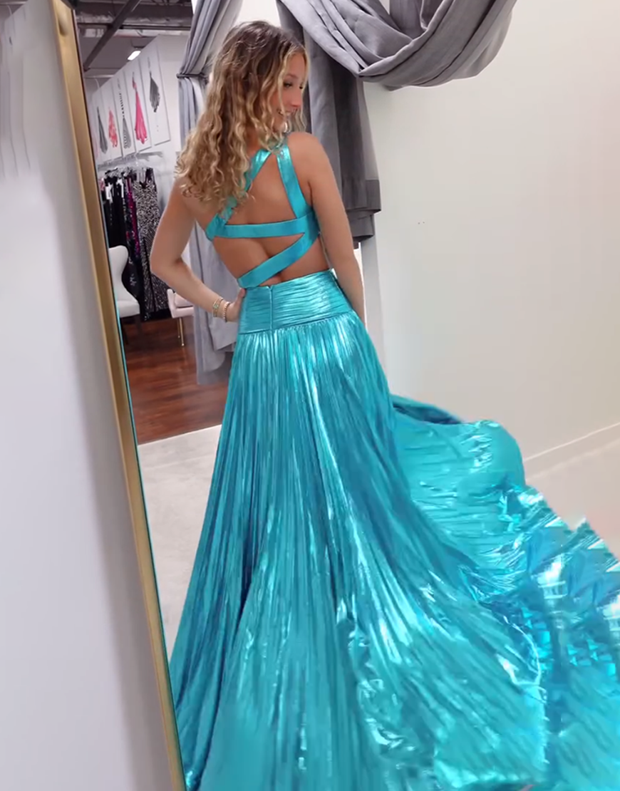 Turquoise Metallic One Shoulder Long Prom Dress with Slit