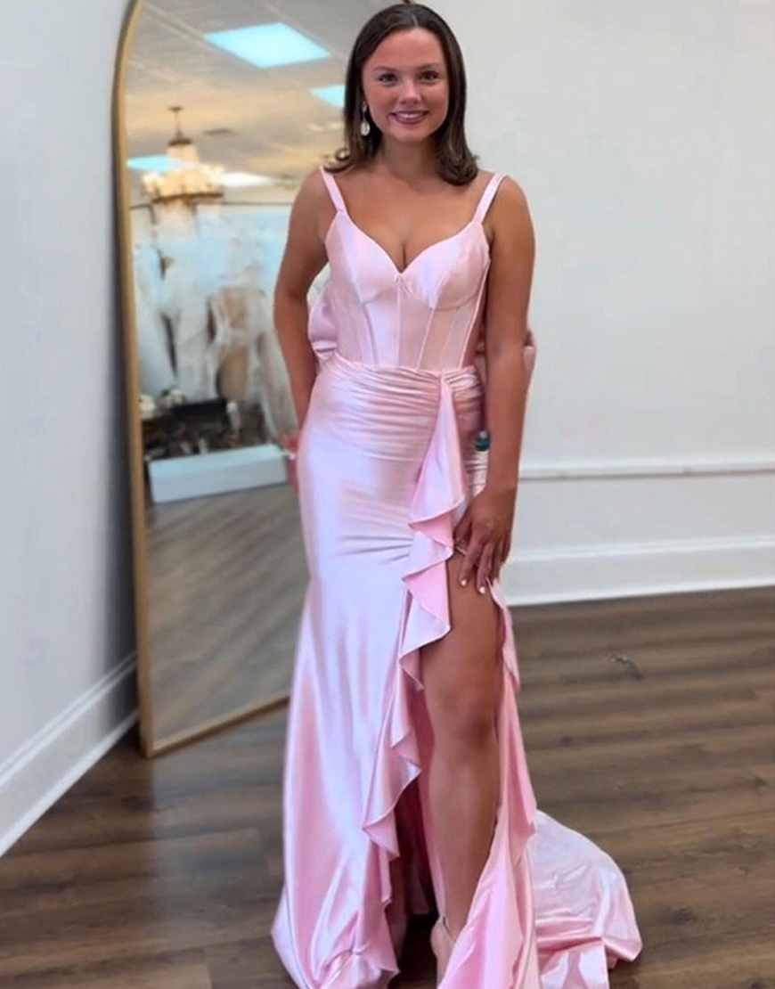 Purple Mermaid Corset Thick Straps Ruffled Long Prom Dress with Bow