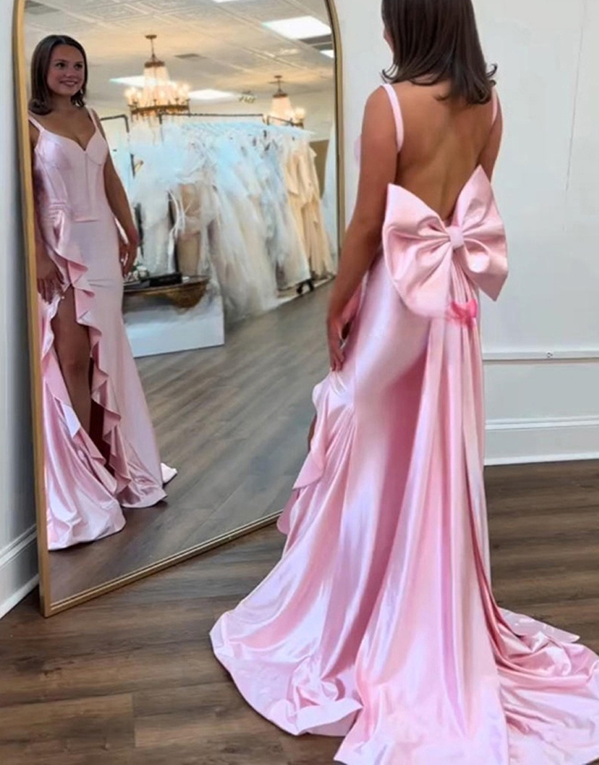 Purple Mermaid Corset Thick Straps Ruffled Long Prom Dress with Bow