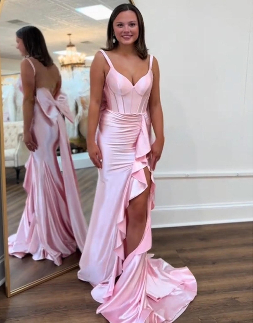 Purple Mermaid Corset Thick Straps Ruffled Long Prom Dress with Bow