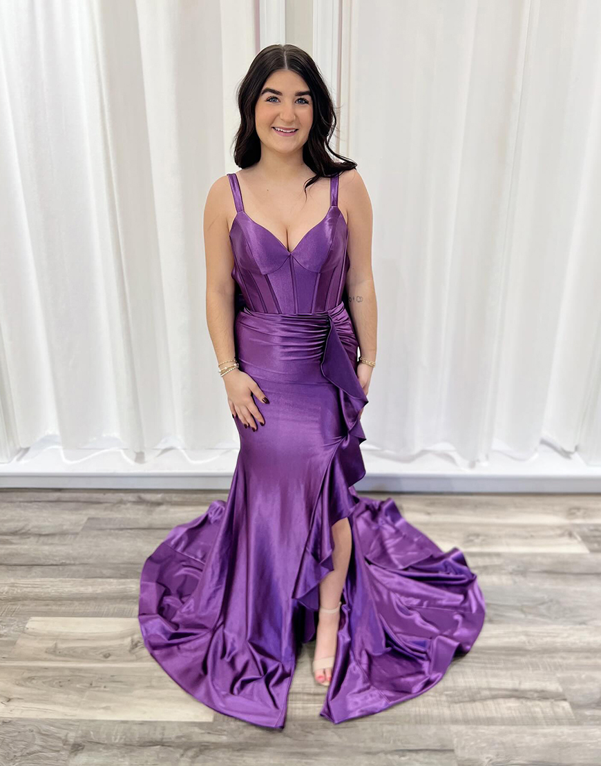 Purple Mermaid Corset Thick Straps Ruffled Long Prom Dress with Bow