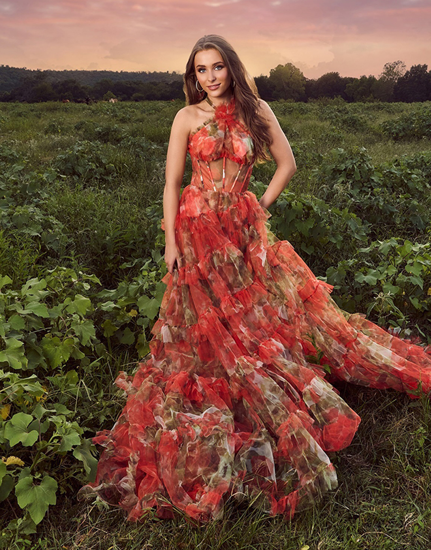 Rust Floral Halter Corset Tiered Ruffled Long Prom Dress