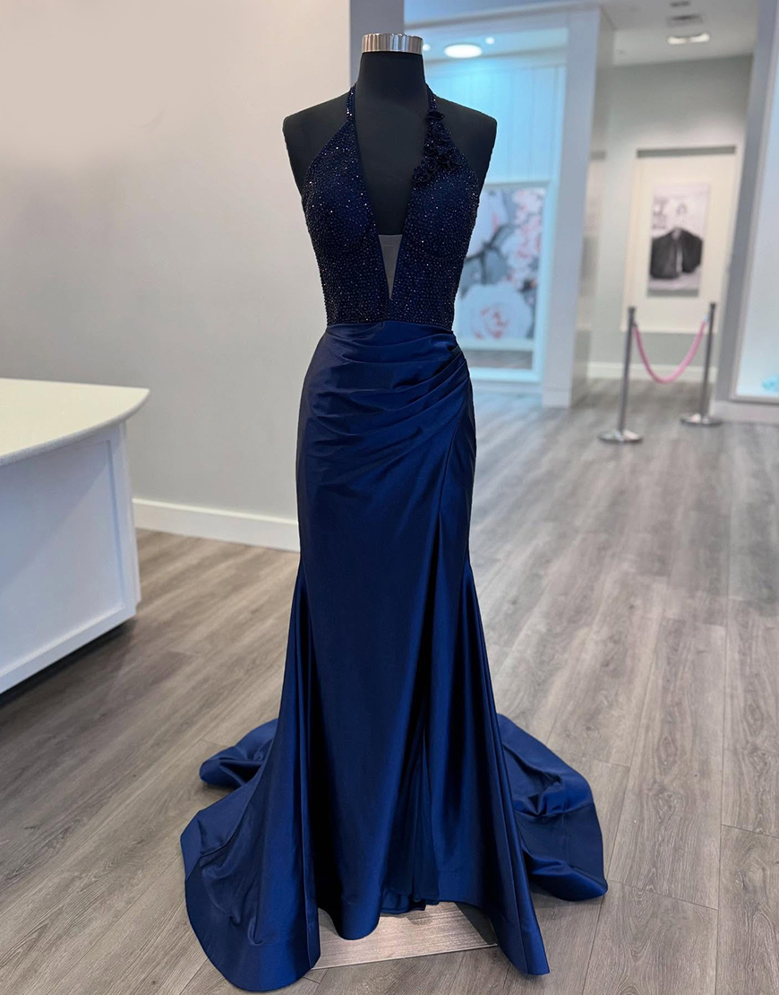 Sparkly Navy Mermaid Halter Long Satin Prom Dress with Beading