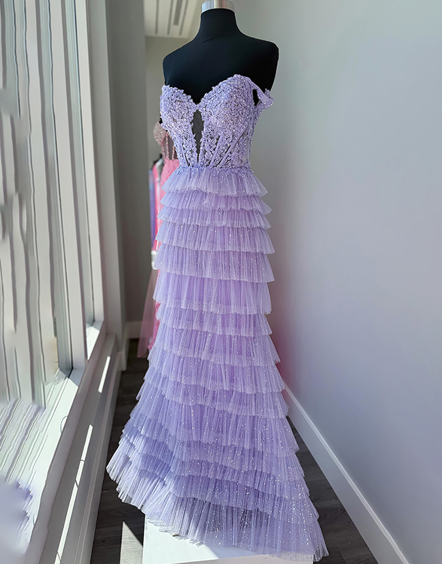 Glitter Lilac Mermaid Ruffled Corset Tiered Long Prom Dress with Lace