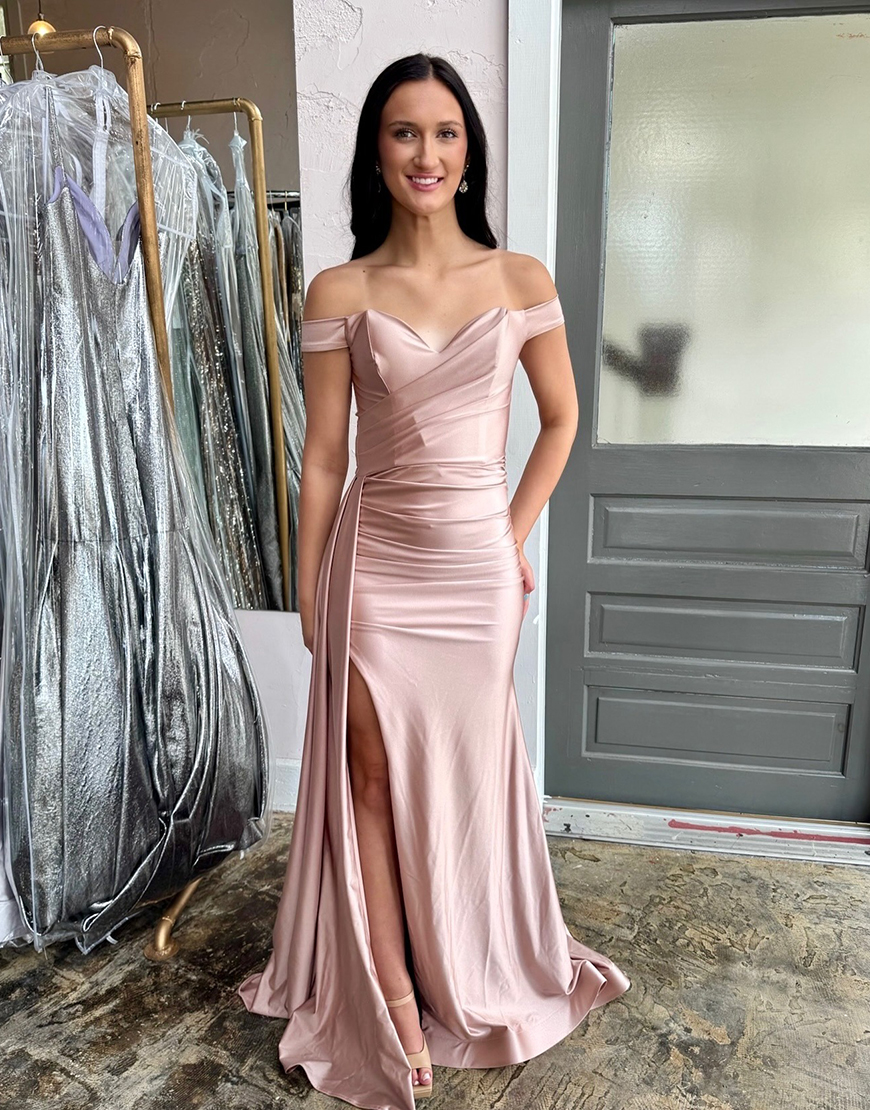 Blush Mermaid Off the Shoulder Satin Long Prom Dress with Side Cape