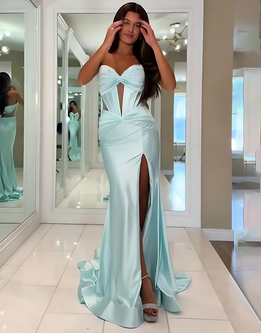 Sparkly Grey Blue Mermaid Corset Beaded Long Prom Dress with Slit
