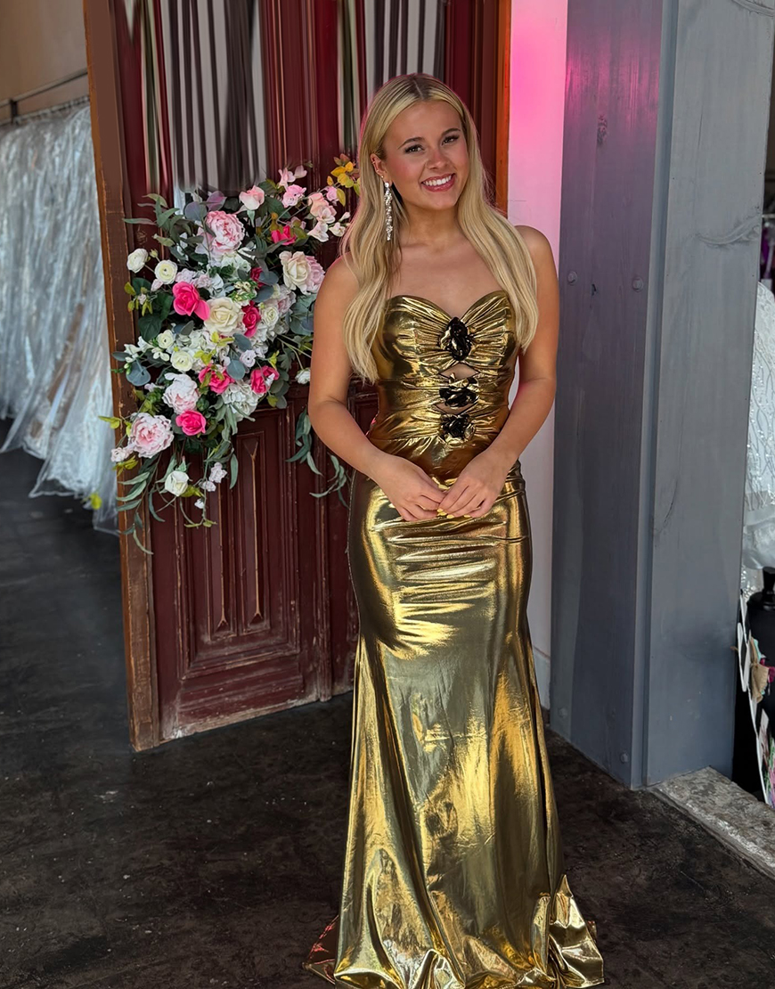 Gold Mermaid Metallic Sweetheart Keyhole Long Prom Dress