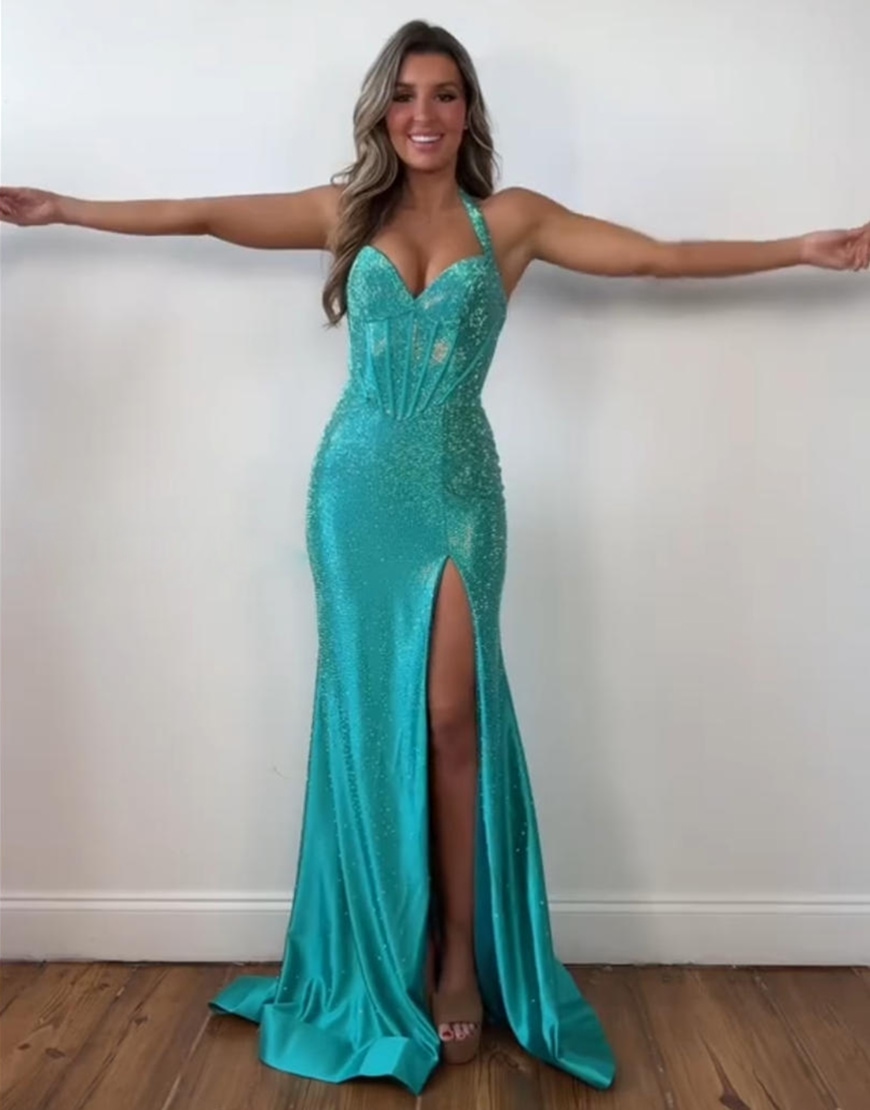 Sparkly Peacock Blue Mermaid Beaded Corset Long Prom Dress with Slit