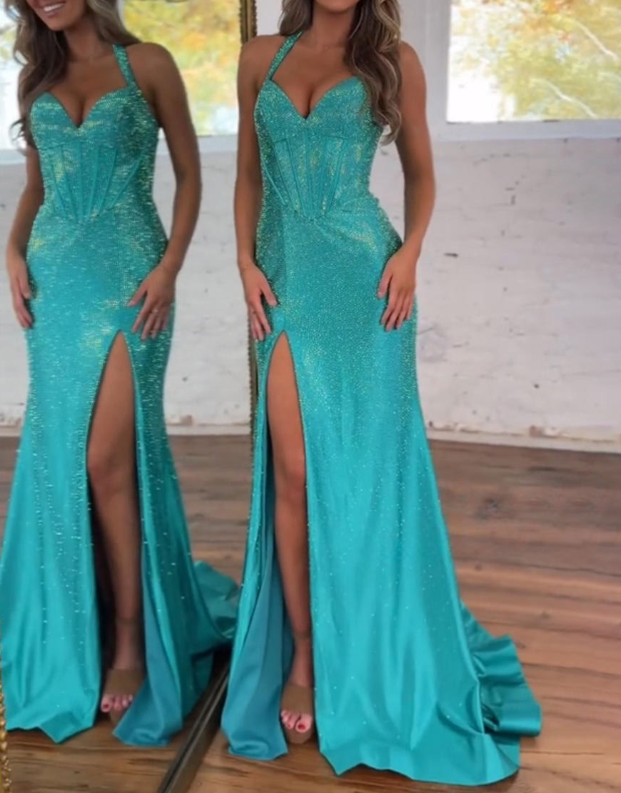 Sparkly Peacock Blue Mermaid Beaded Corset Long Prom Dress with Slit