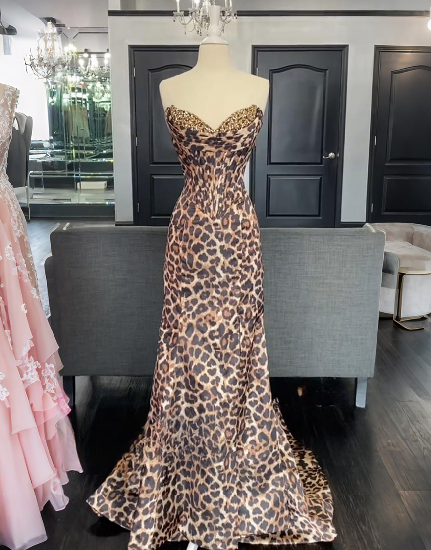 Sparkly Coffee Leopard Mermaid Corset Sweetheart Long Prom Dress with Slit