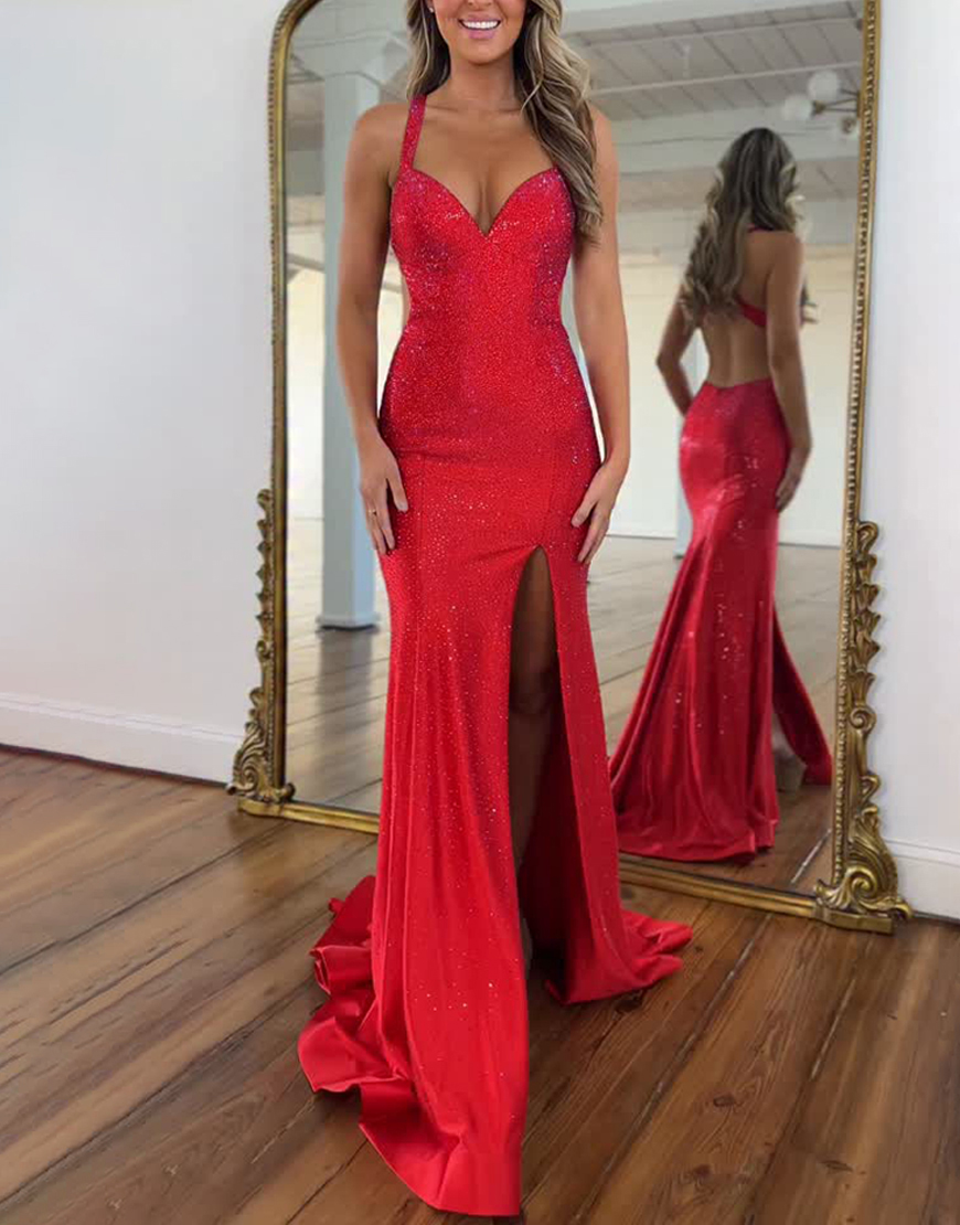 Sparkly Mermaid Red Beaded Halter Long Prom Dress with Slit