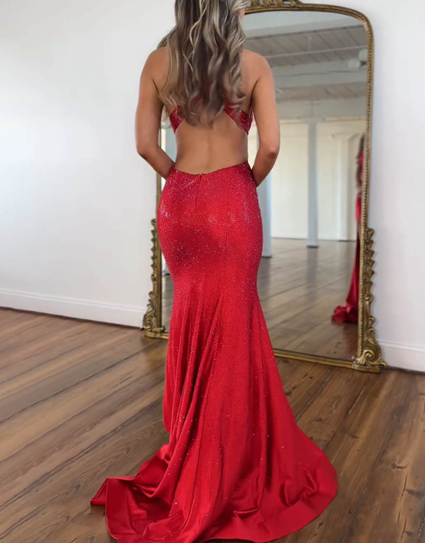 Sparkly Mermaid Red Beaded Halter Long Prom Dress with Slit