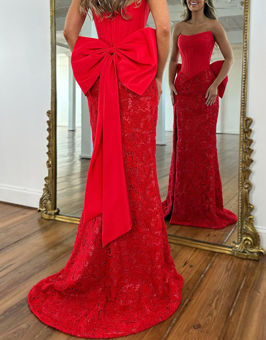 Red Mermaid Strapless Lace Corset Long Prom Dress with Bow