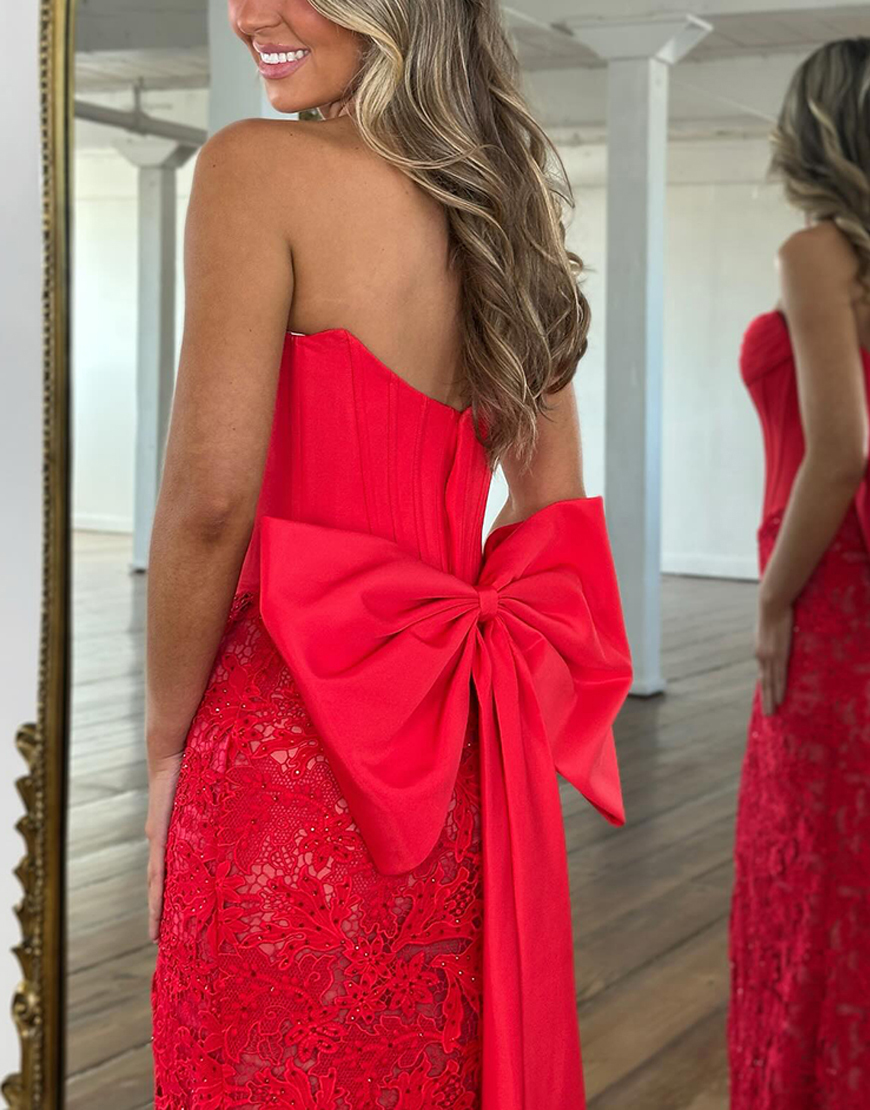 Red Mermaid Strapless Lace Corset Long Prom Dress with Bow