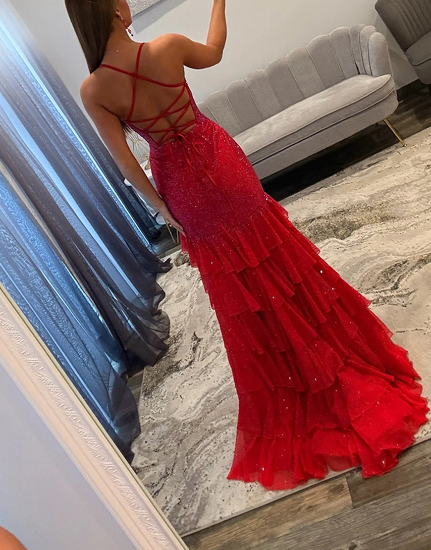 Sparkly Black Mermaid Spaghetti Straps Beaded Ruffles Long Prom Dress with Slit