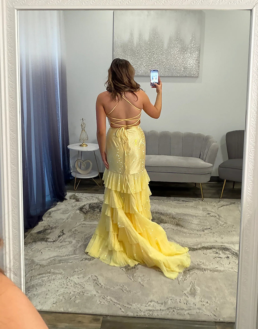 Sparkly Black Mermaid Spaghetti Straps Beaded Ruffles Long Prom Dress with Slit