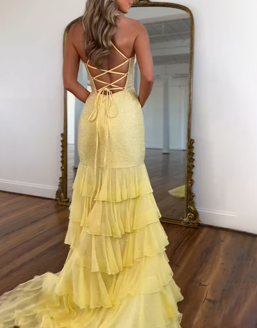 Sparkly Black Mermaid Spaghetti Straps Beaded Ruffles Long Prom Dress with Slit