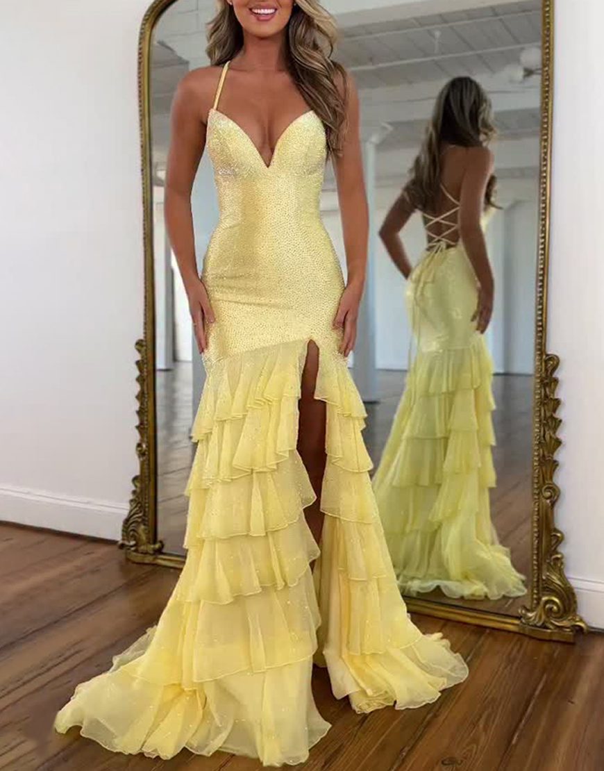 Sparkly Black Mermaid Spaghetti Straps Beaded Ruffles Long Prom Dress with Slit