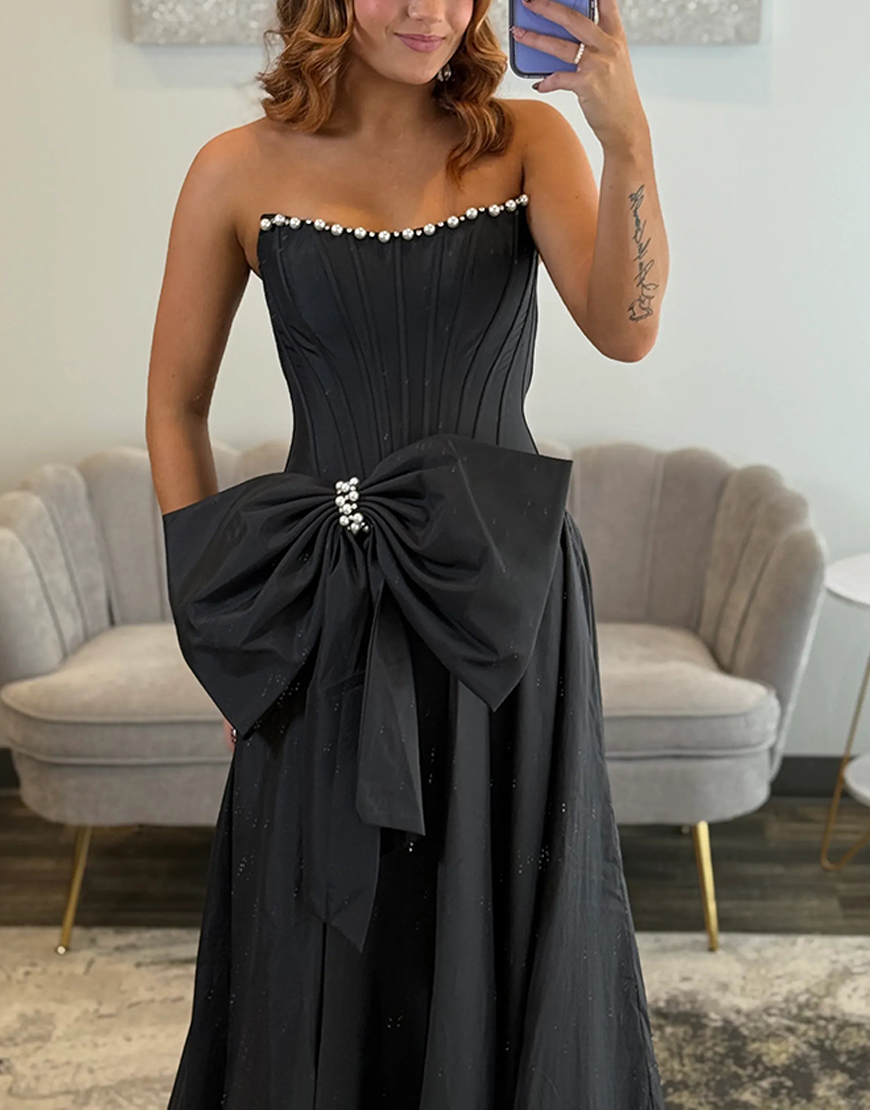 Sparkly Pink Corset Strapless Long Beaded Prom Dress with Bow