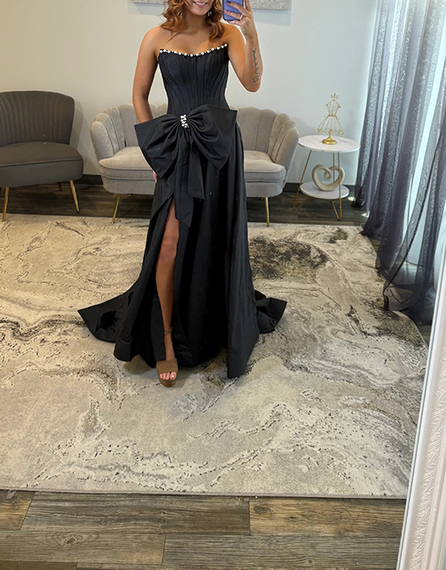 Sparkly Pink Corset Strapless Long Beaded Prom Dress with Bow