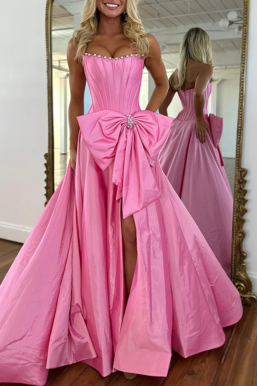 Sparkly Pink Corset Strapless Long Beaded Prom Dress with Bow