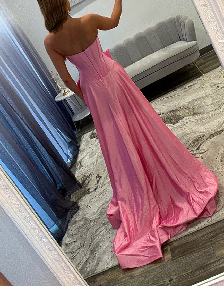 Sparkly Pink Corset Strapless Long Beaded Prom Dress with Bow