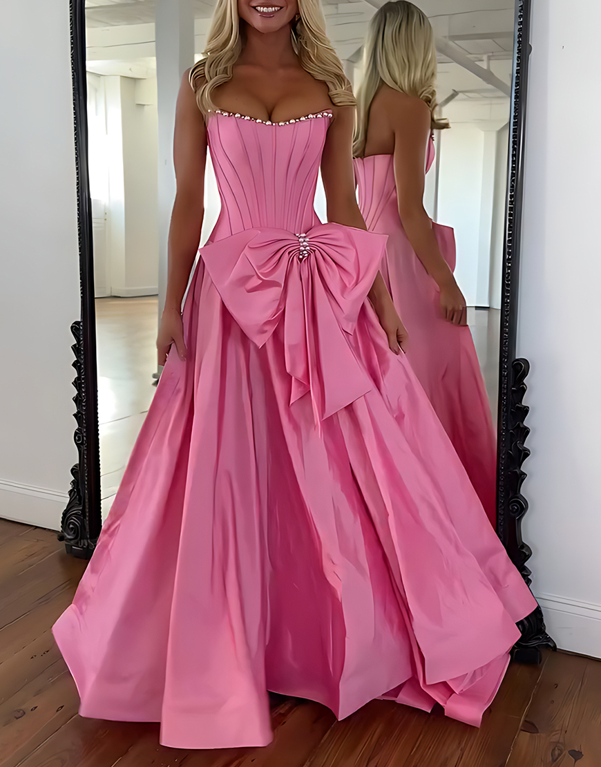 Sparkly Pink Corset Strapless Long Beaded Prom Dress with Bow