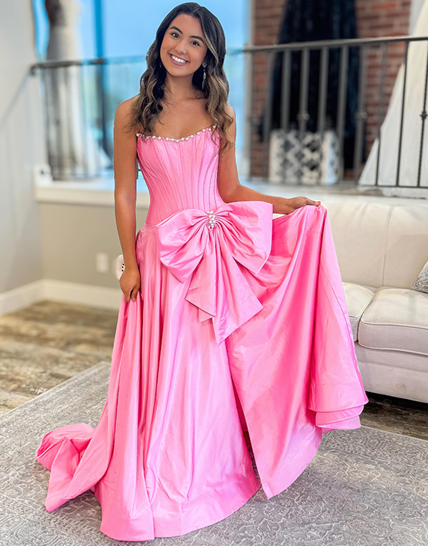 Sparkly Pink Corset Strapless Long Beaded Prom Dress with Bow