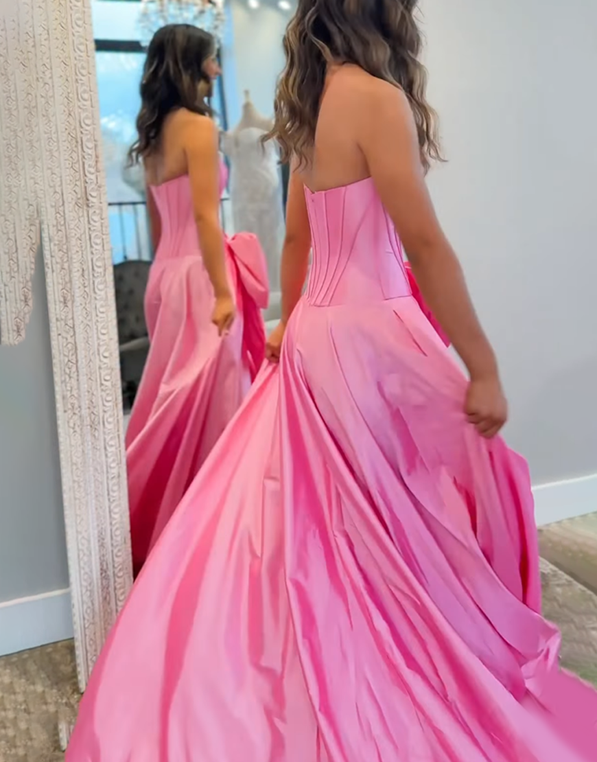 Sparkly Pink Corset Strapless Long Beaded Prom Dress with Bow