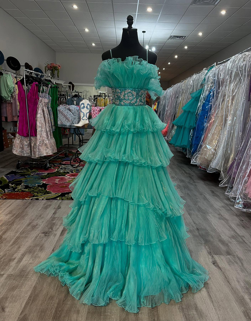 Sparkly Peacock Green Tiered Long Beaded Prom Dress with Ruffles