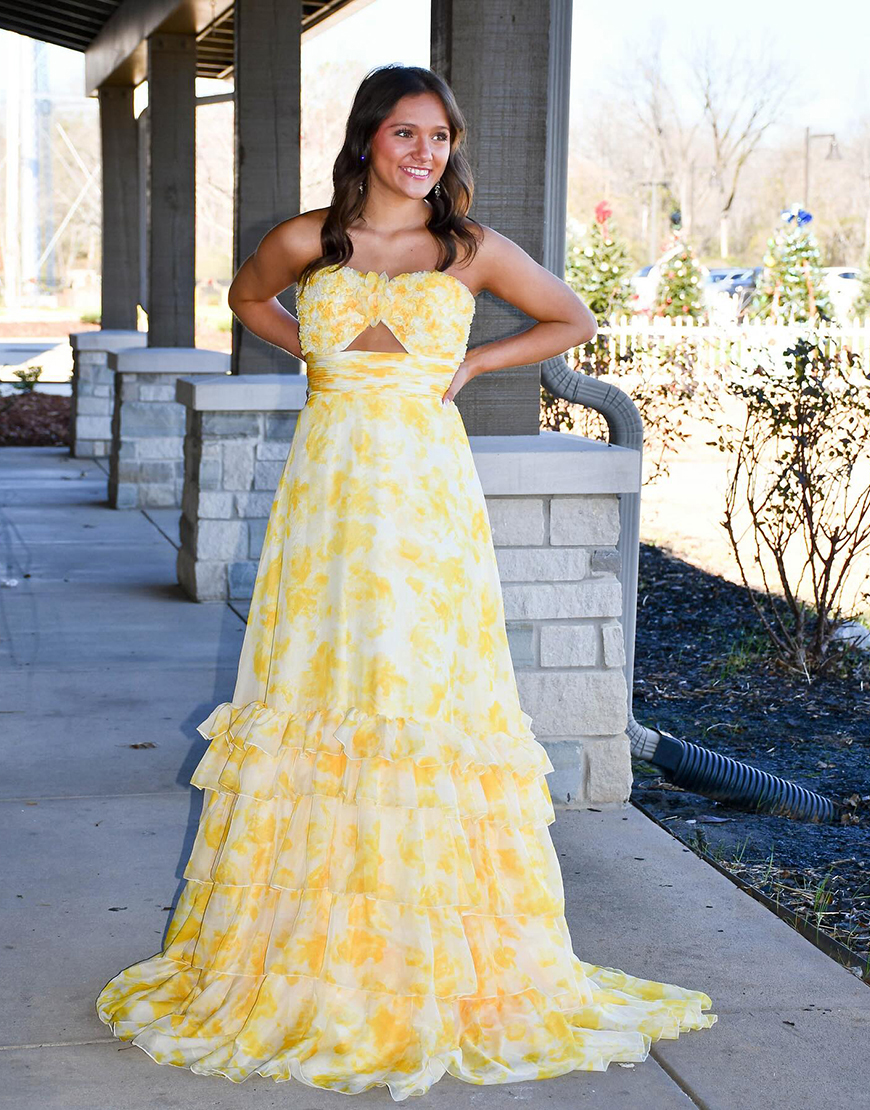 Yellow Flower A Line Strapless Tiered Long Prom Dress with Ruffles