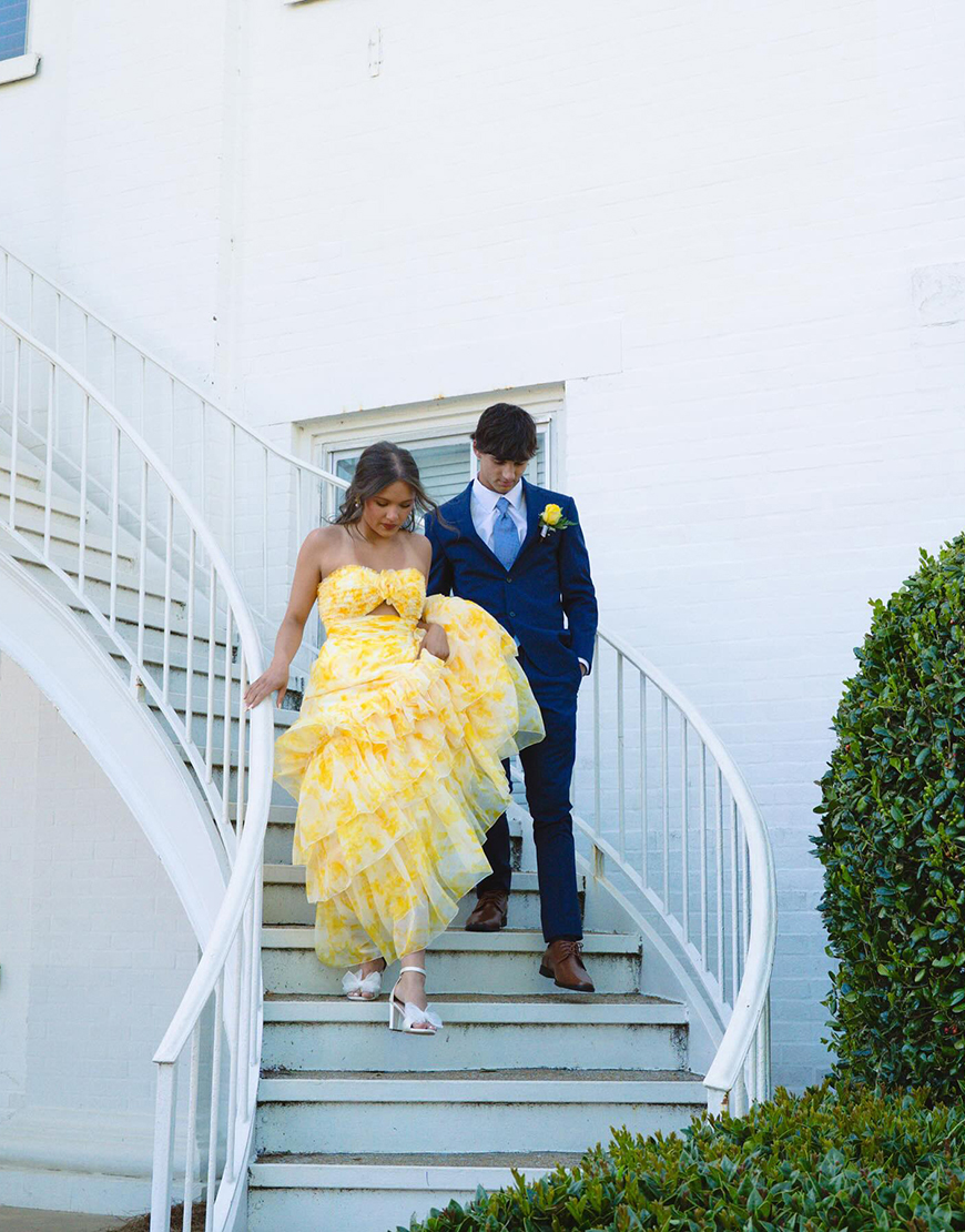 Yellow Flower A Line Strapless Tiered Long Prom Dress with Ruffles