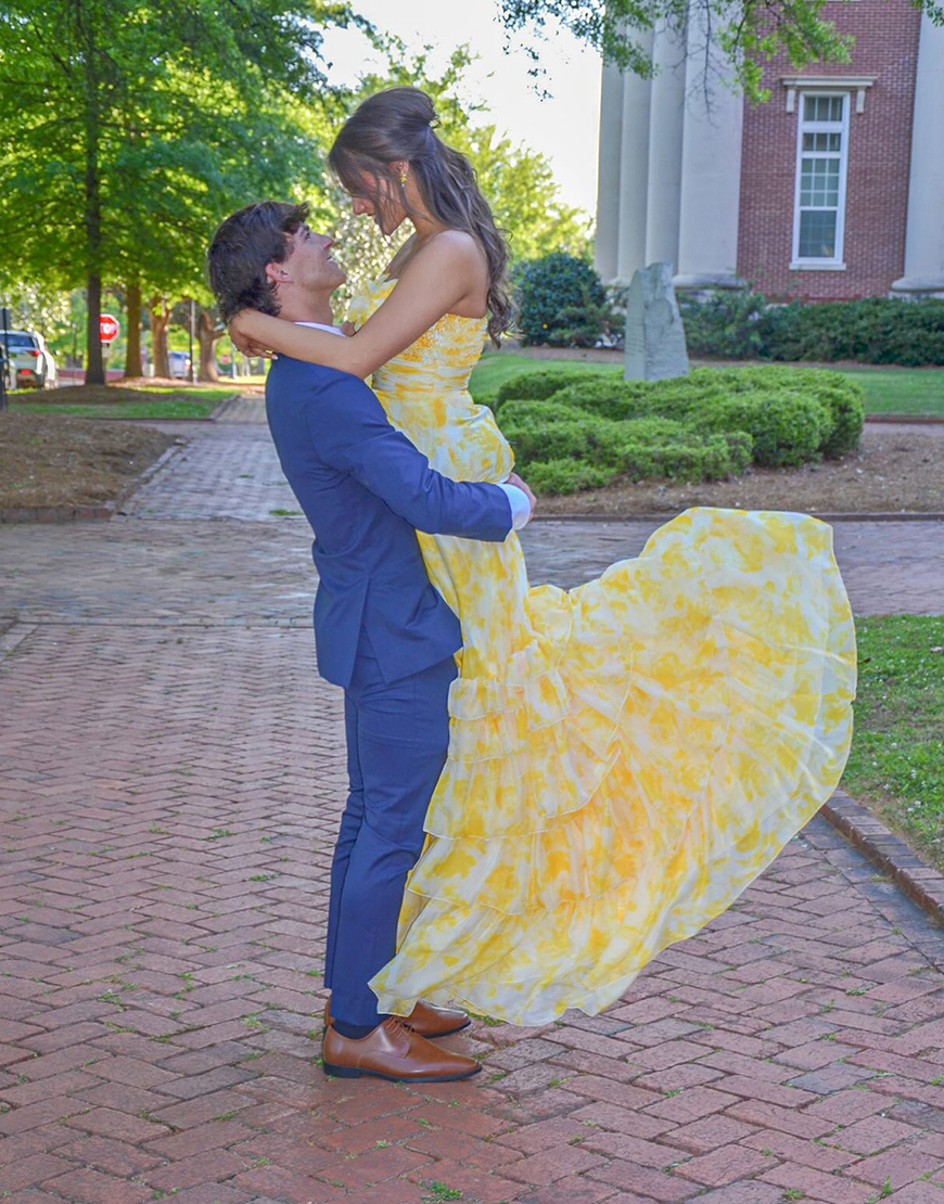 Yellow Flower A Line Strapless Tiered Long Prom Dress with Ruffles