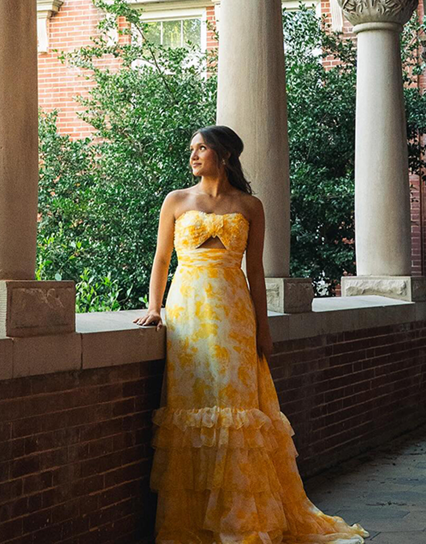 Yellow Flower A Line Strapless Tiered Long Prom Dress with Ruffles