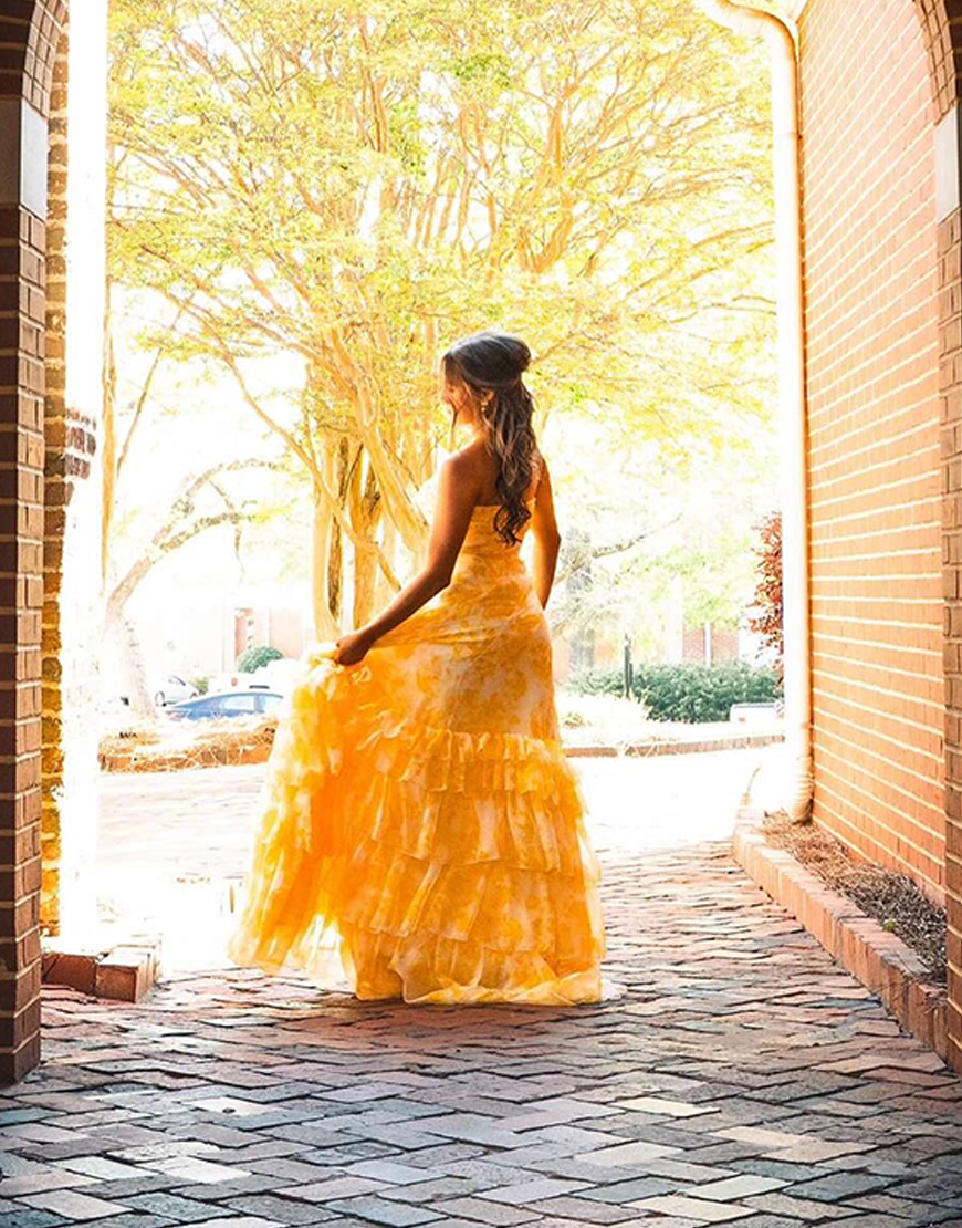 Yellow Flower A Line Strapless Tiered Long Prom Dress with Ruffles