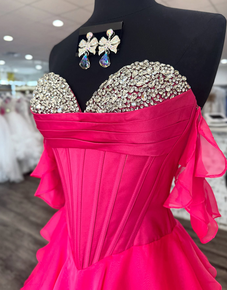 Sparkly Fuchsia Corset Tiered Ruffled Long Prom Dress with Beading