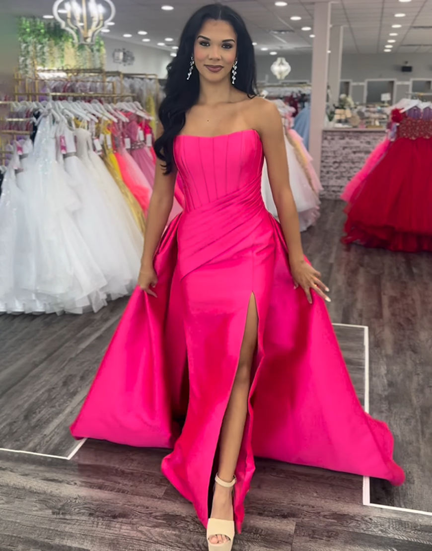 Fuchsia Mermaid Strapless Corset Satin Long Prom Dress with Cape