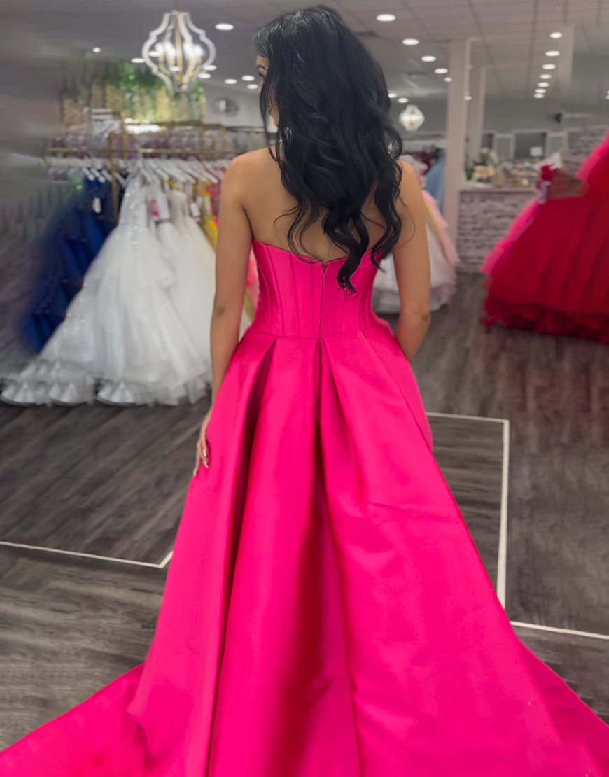 Fuchsia Mermaid Strapless Corset Satin Long Prom Dress with Cape