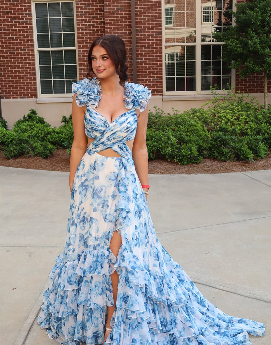 Blue Flower A Line Tiered Long Ruffled Prom Dress with Slit